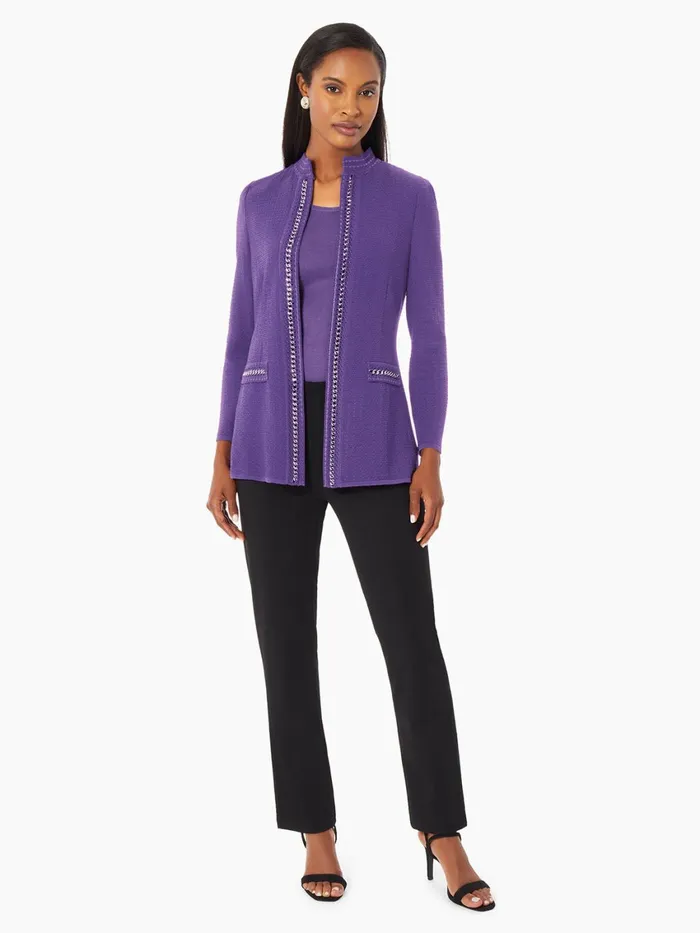 Misook Tailored Fit Crocheted Chain Trim Textured Knit Jacket Women Jackets and Coats Misook Tailored Fit Crocheted Chain Trim Textured Knit Jacket Women Jackets and Coats