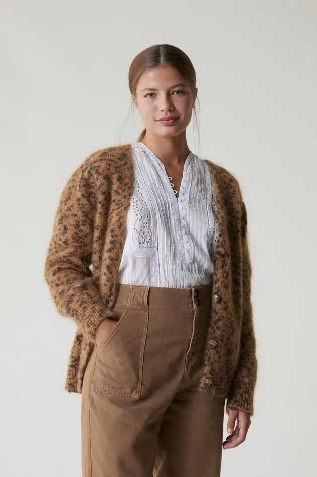 Pulls and Vests Women Leon and Harper Marta Leopard Cardigan Beige