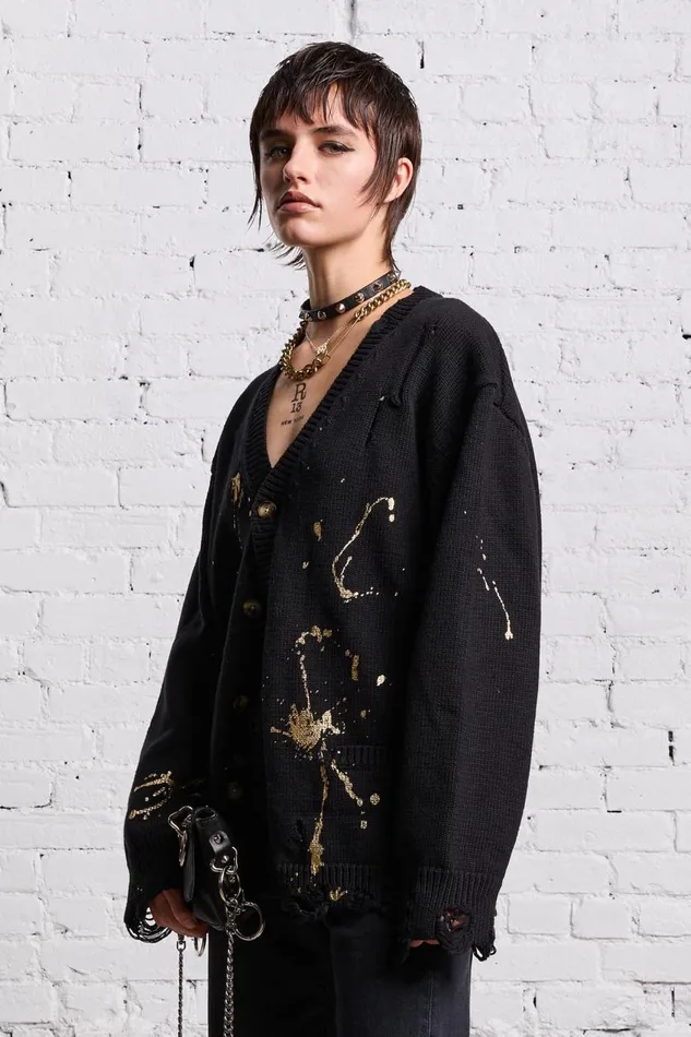 R13 Sale Women BOYFRIEND CARDIGAN 8211 GOLD SPLATTERED BLACK