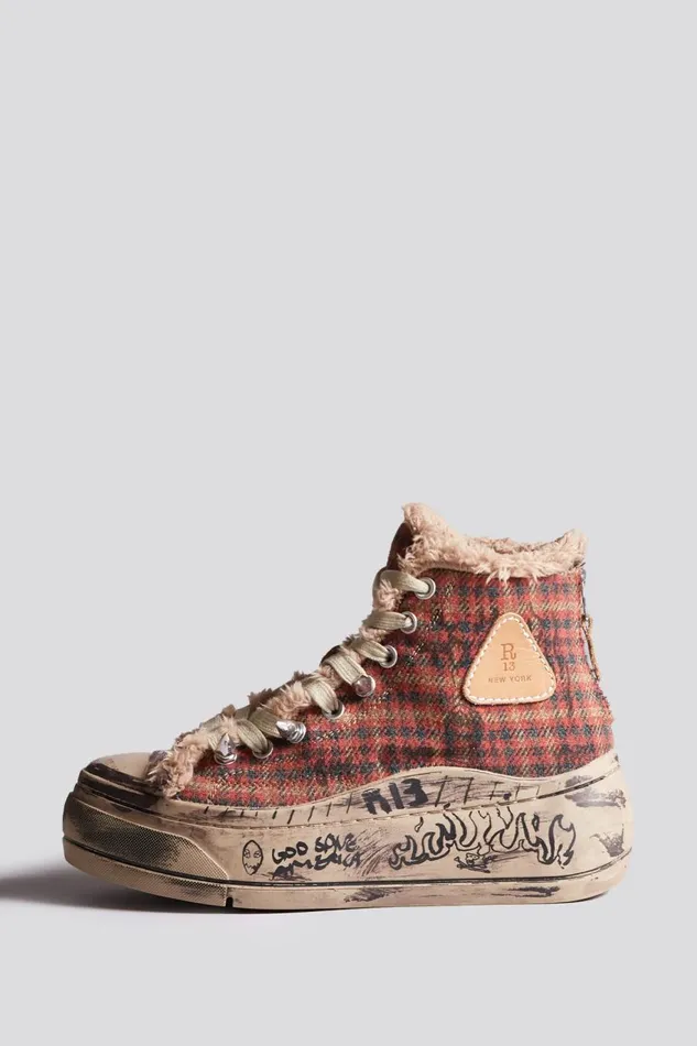 R13 Sale Women KURT HIGH TOP SNEAKER 8211 RED PLAID