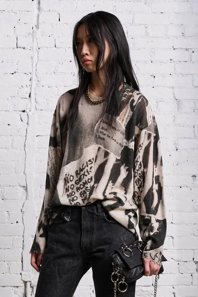 R13 Sweaters Women PRINTED BOYFRIEND SWEATER 8211 NEWSPAPER