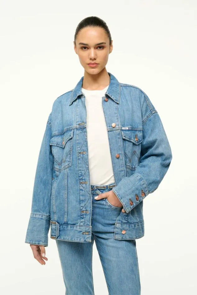 STAUD Denim WRANGLER THE BIGGEST JEAN JACKET Mid Blue 8211 Women STAUD Denim WRANGLER THE BIGGEST JEAN JACKET Mid Blue 8211 Women