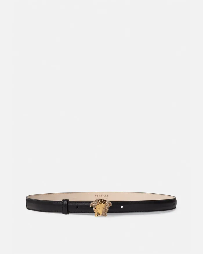 Versace Belts Women Crystal La Medusa Thin Leather Belt Black
