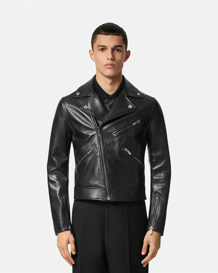 Versace Jackets and Coats Men Leather Biker Jacket Black