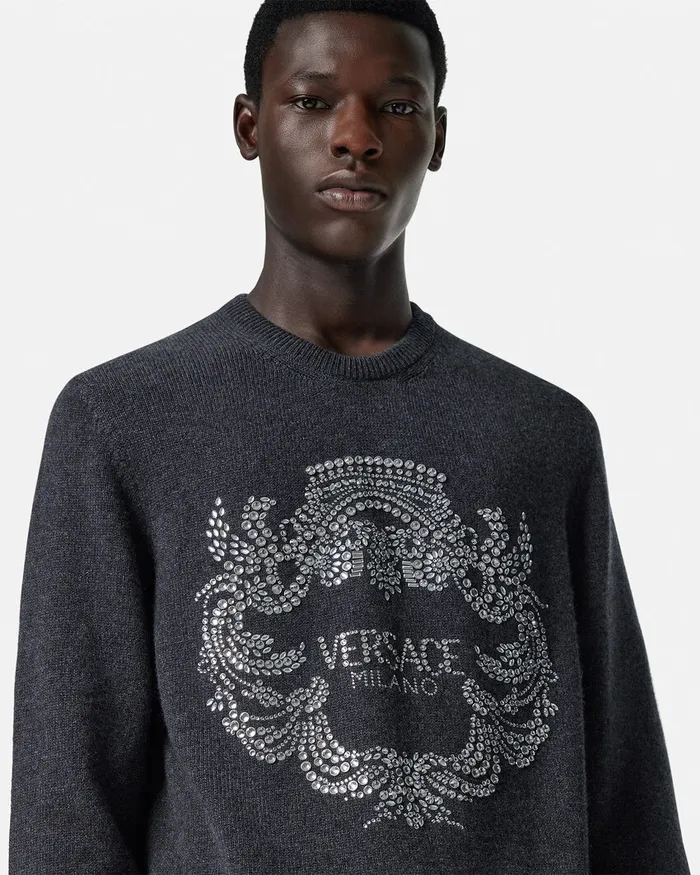 Versace Knitwear Men Crystal Iconic Crest Cashmere Knit Sweater Gray