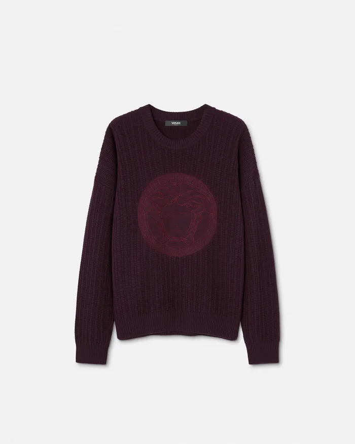 Versace Knitwear Men Embroidered Medusa CableKnit Sweater Brown