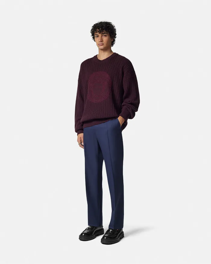Versace Knitwear Men Embroidered Medusa CableKnit Sweater Brown