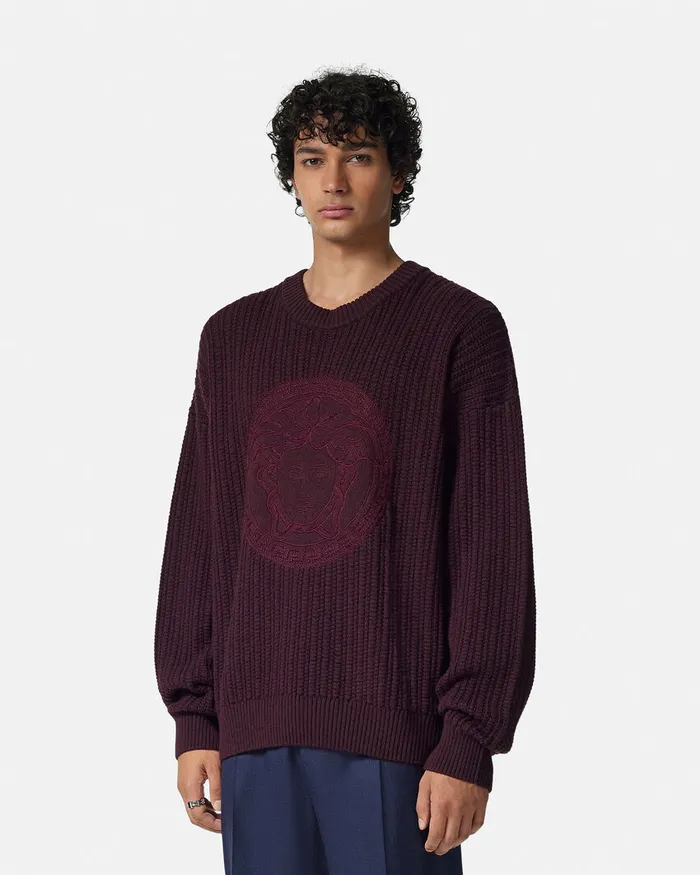 Versace Knitwear Men Embroidered Medusa CableKnit Sweater Brown