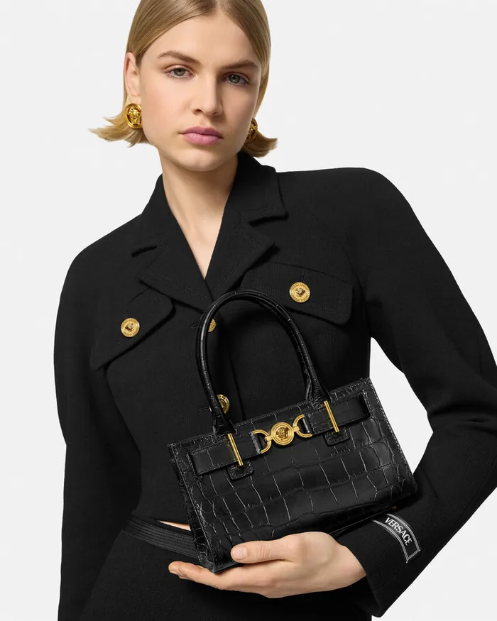 Versace Medusa 03995 Women CrocEffect Medusa 03995 Small Tote Bag Blackgold