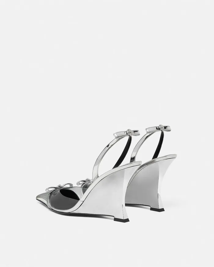 Versace Pumps and Slingbacks Women Gianni Ribbon Metallic Wedge Pumps 95 Mm Silver