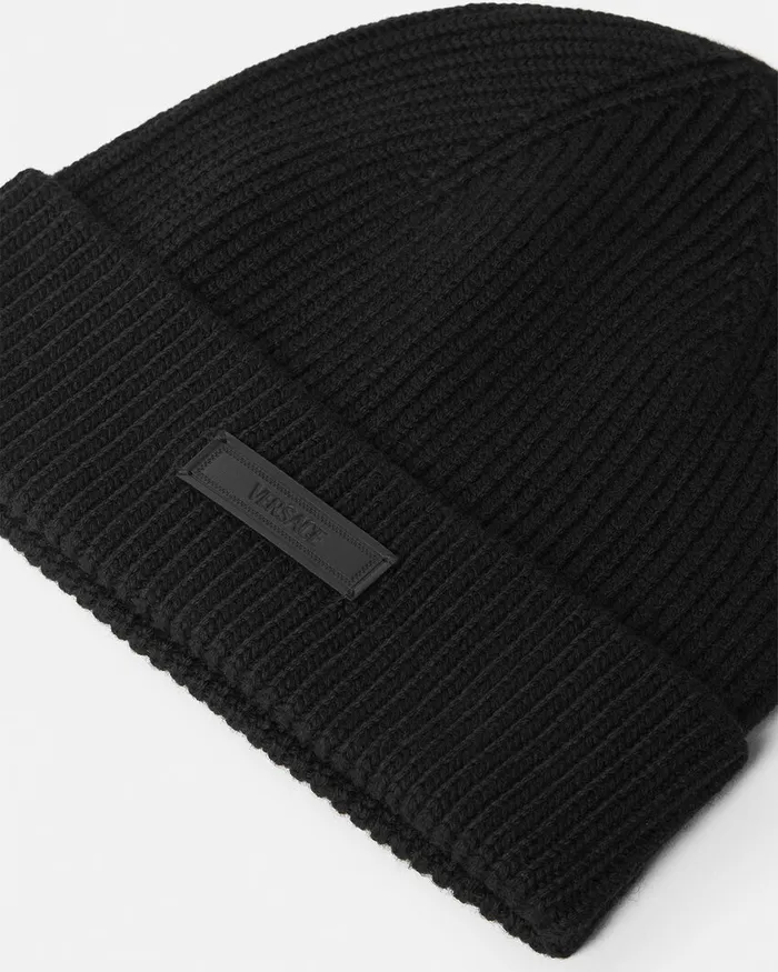 Versace Soft Accessories Men Logo Knit Beanie Black