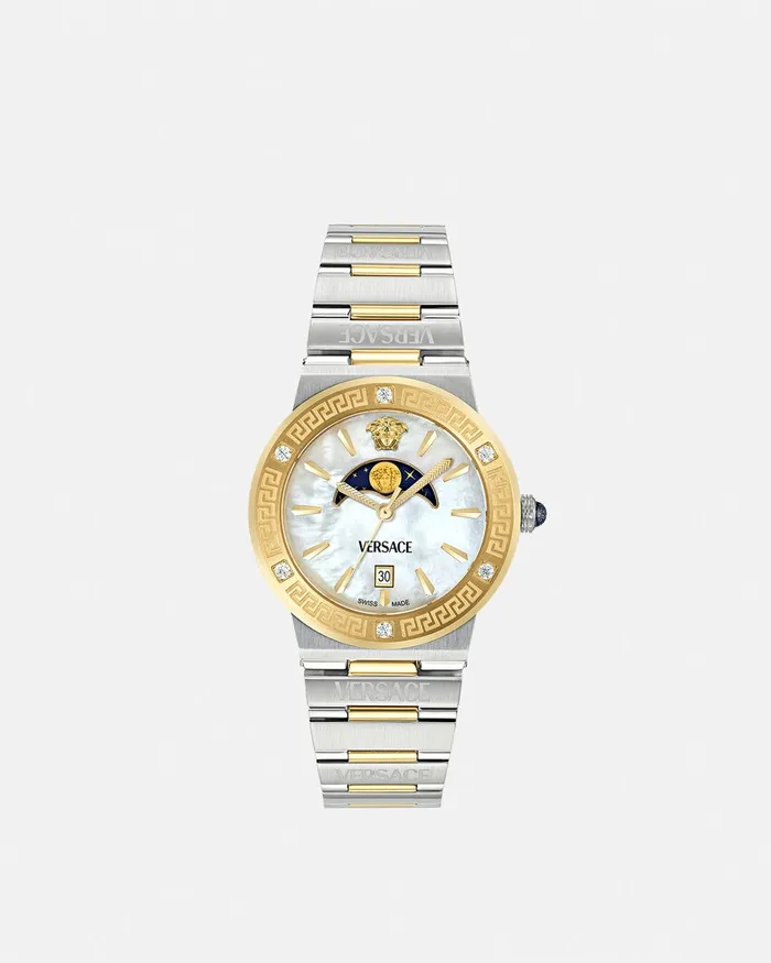Versace Watches Women Greca Logo Moonphase Diamond Watch Silvergold