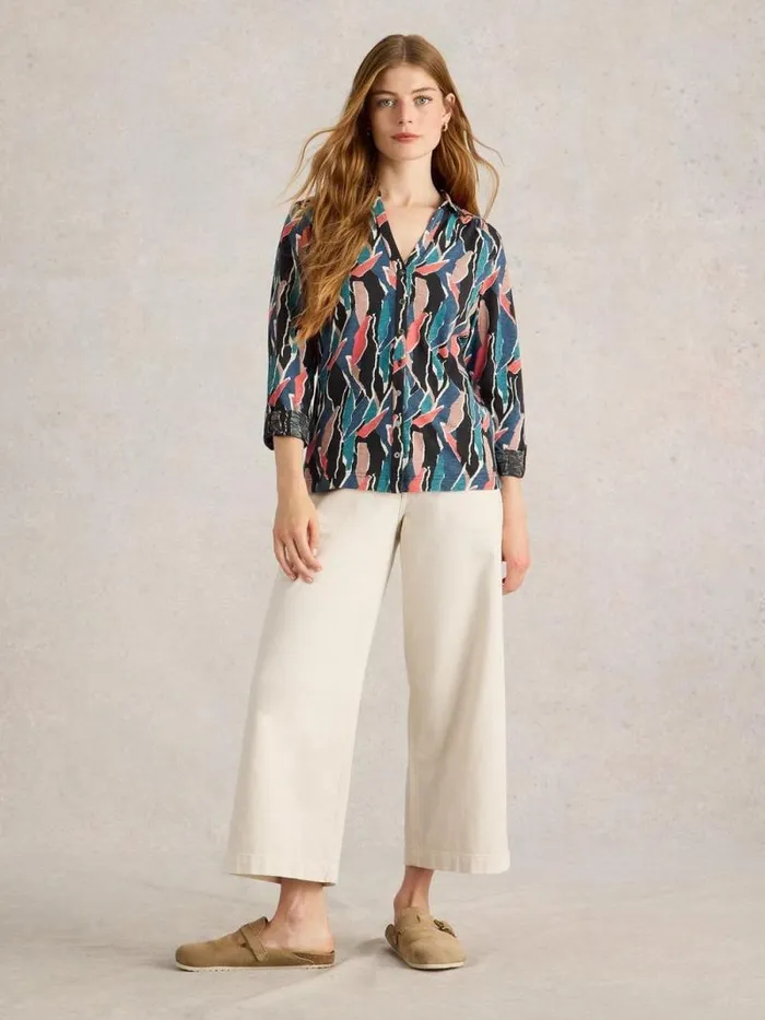 Women ANNIE COLLARED JERSEY SHIRT Navy Print White Stuff Shirts and Blouses