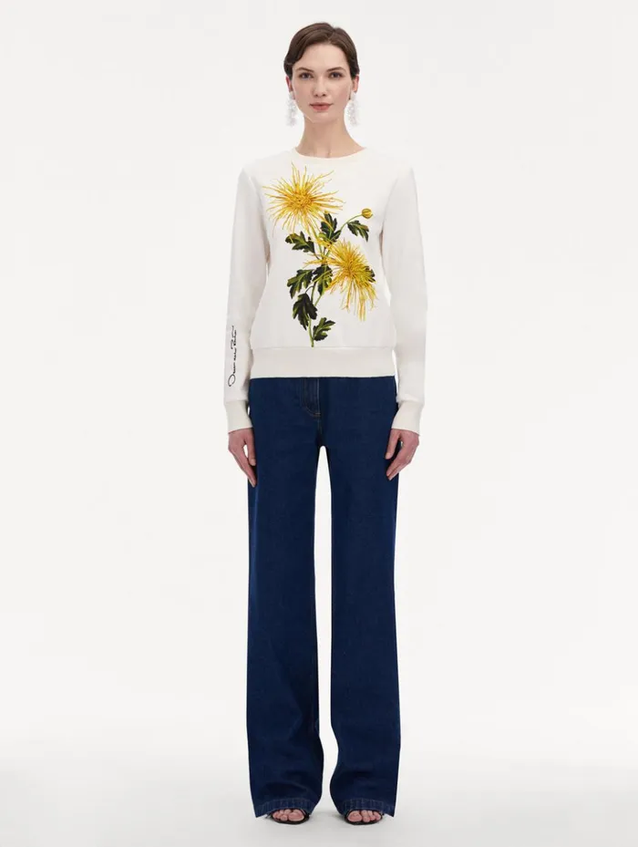 Women Blouses and Knits Oscar De La Renta Chrysanthemum Jersey Pullover Yellow Ivory Women Blouses and Knits Oscar De La Renta Chrysanthemum Jersey Pullover Yellow Ivory