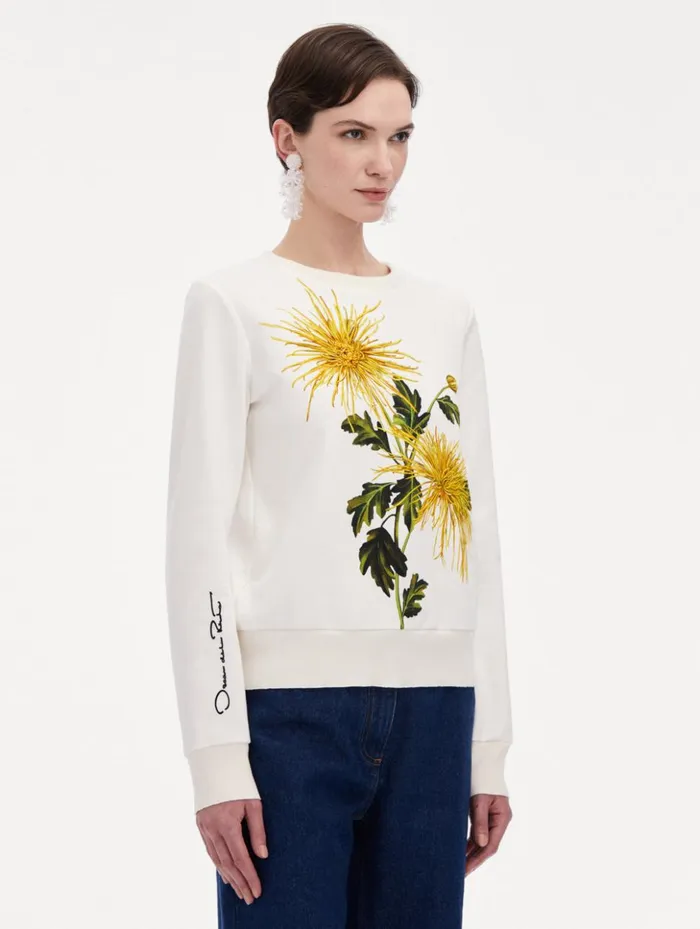 Women Blouses and Knits Oscar De La Renta Chrysanthemum Jersey Pullover Yellow Ivory Women Blouses and Knits Oscar De La Renta Chrysanthemum Jersey Pullover Yellow Ivory