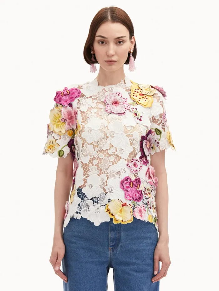 Women Blouses and Knits Oscar De La Renta Orchid Embroidered Guipure Blouse White Women Blouses and Knits Oscar De La Renta Orchid Embroidered Guipure Blouse White