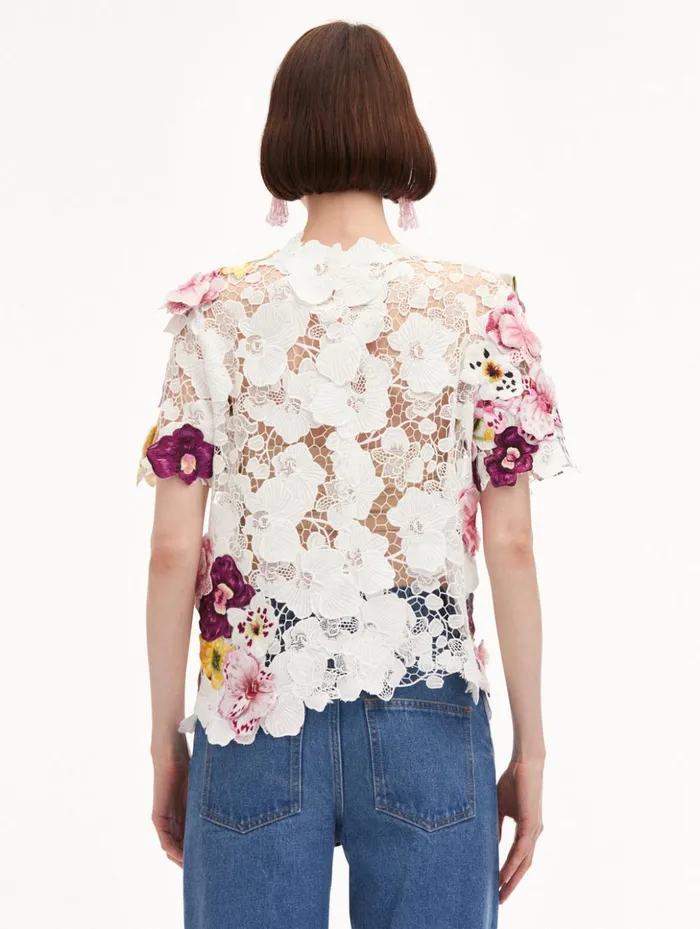 Women Blouses and Knits Oscar De La Renta Orchid Embroidered Guipure Blouse White Women Blouses and Knits Oscar De La Renta Orchid Embroidered Guipure Blouse White