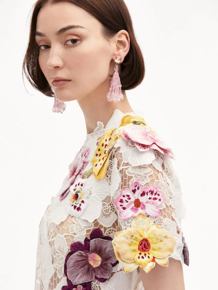 Women Blouses and Knits Oscar De La Renta Orchid Embroidered Guipure Blouse White Women Blouses and Knits Oscar De La Renta Orchid Embroidered Guipure Blouse White