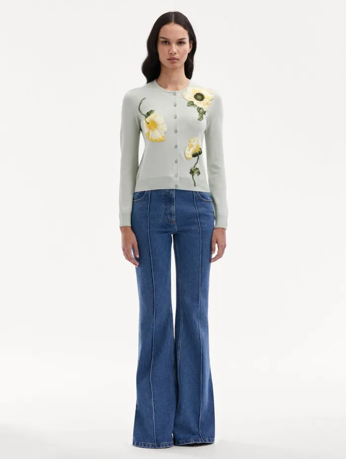 Women Blouses and Knits Oscar De La Renta Poppy Threadwork Cardigan Sage Yellow Women Blouses and Knits Oscar De La Renta Poppy Threadwork Cardigan Sage Yellow