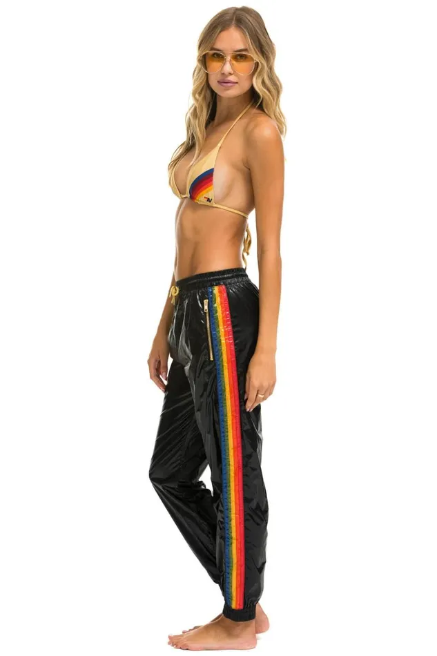 Women Bottoms Aviator Nation WOMEN039S 5 STRIPE WIND PANTt BLACK GLOSSY Women Bottoms Aviator Nation WOMEN039S 5 STRIPE WIND PANTt BLACK GLOSSY