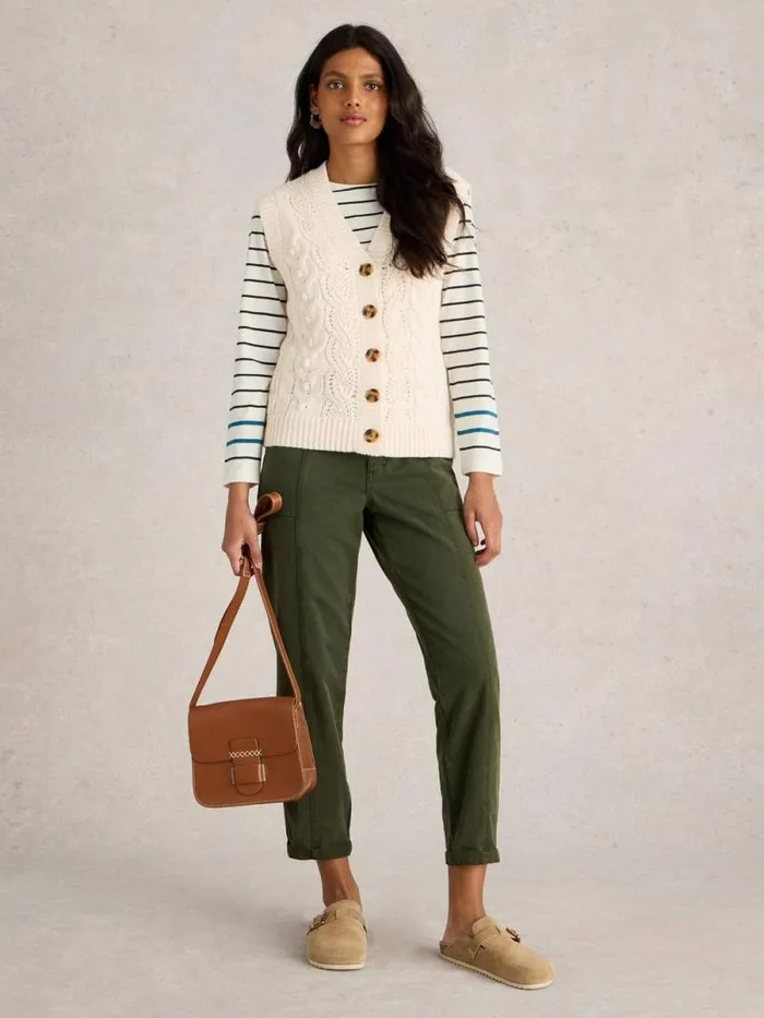 Women CABLE BUTTON THROUGH TANK Light Natural White Stuff Knitwear