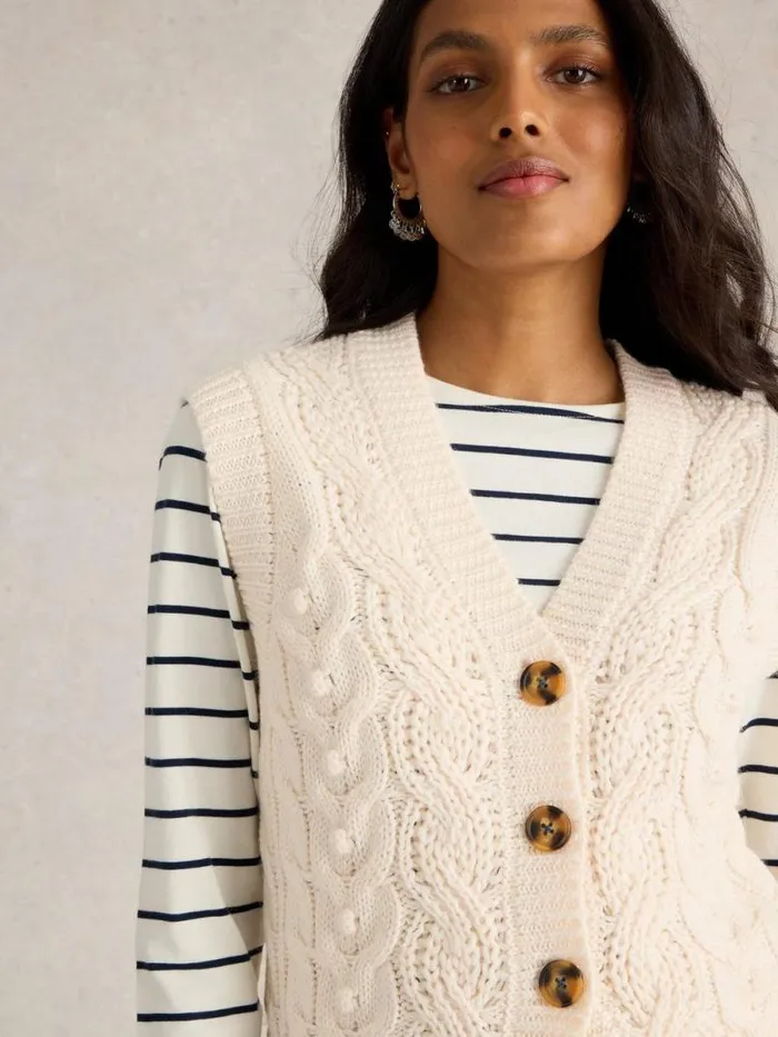 Women CABLE BUTTON THROUGH TANK Light Natural White Stuff Knitwear Women CABLE BUTTON THROUGH TANK Light Natural White Stuff Knitwear