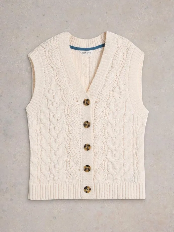 Women CABLE BUTTON THROUGH TANK Light Natural White Stuff Knitwear Women CABLE BUTTON THROUGH TANK Light Natural White Stuff Knitwear