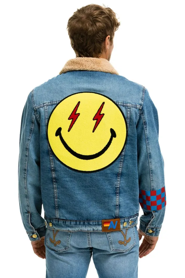 Women Denim Aviator Nation SMALL STOKED BOLT SMILEY RANCH SHERPA DENIM JACKET 8211 SUPER LIGHT Women Denim Aviator Nation SMALL STOKED BOLT SMILEY RANCH SHERPA DENIM JACKET 8211 SUPER LIGHT