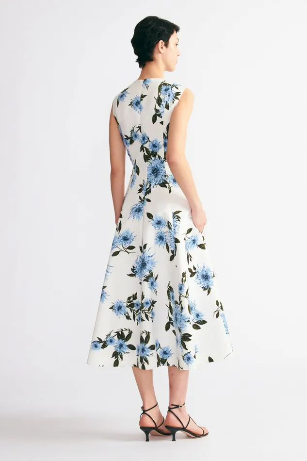 Women Dresses Emilia Wickstead Mara Dress Blue Dahlia Floral Print Taffeta Faille