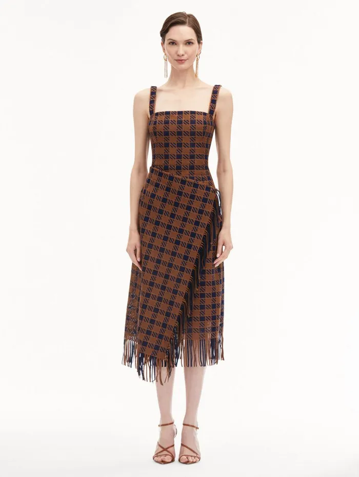 Women Dresses Oscar De La Renta Check Fringe Guipure Dress Cognac Navy Women Dresses Oscar De La Renta Check Fringe Guipure Dress Cognac Navy