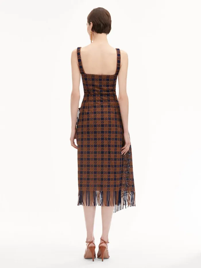 Women Dresses Oscar De La Renta Check Fringe Guipure Dress Cognac Navy Women Dresses Oscar De La Renta Check Fringe Guipure Dress Cognac Navy