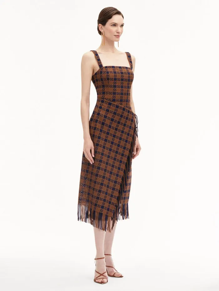 Women Dresses Oscar De La Renta Check Fringe Guipure Dress Cognac Navy Women Dresses Oscar De La Renta Check Fringe Guipure Dress Cognac Navy