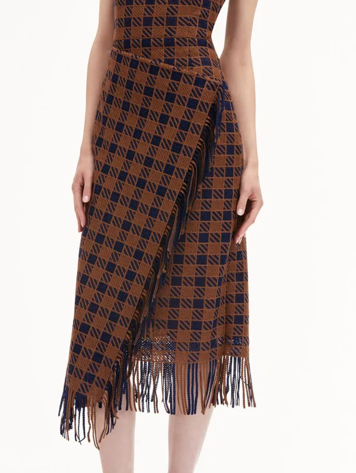 Women Dresses Oscar De La Renta Check Fringe Guipure Dress Cognac Navy Women Dresses Oscar De La Renta Check Fringe Guipure Dress Cognac Navy