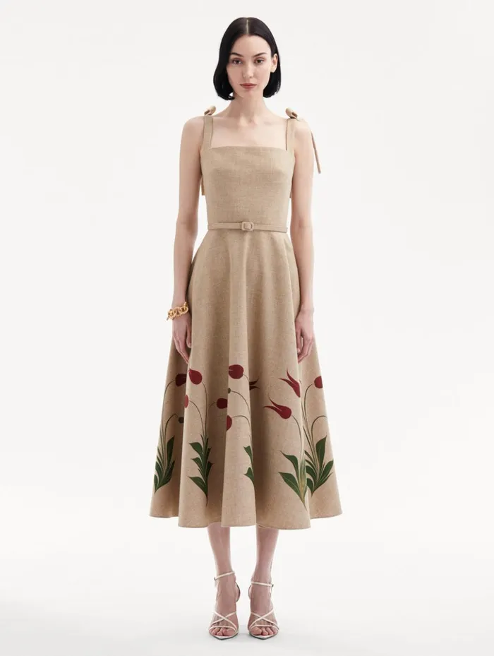 Women Dresses Oscar De La Renta Marbled Tulip Canvas Dress Linen Red Women Dresses Oscar De La Renta Marbled Tulip Canvas Dress Linen Red