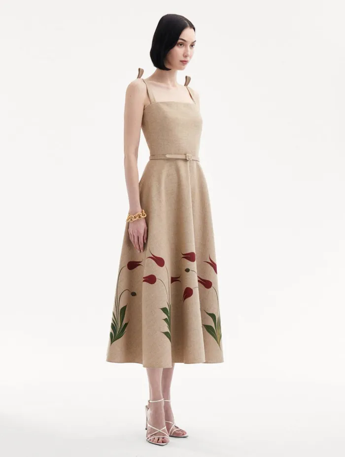 Women Dresses Oscar De La Renta Marbled Tulip Canvas Dress Linen Red Women Dresses Oscar De La Renta Marbled Tulip Canvas Dress Linen Red