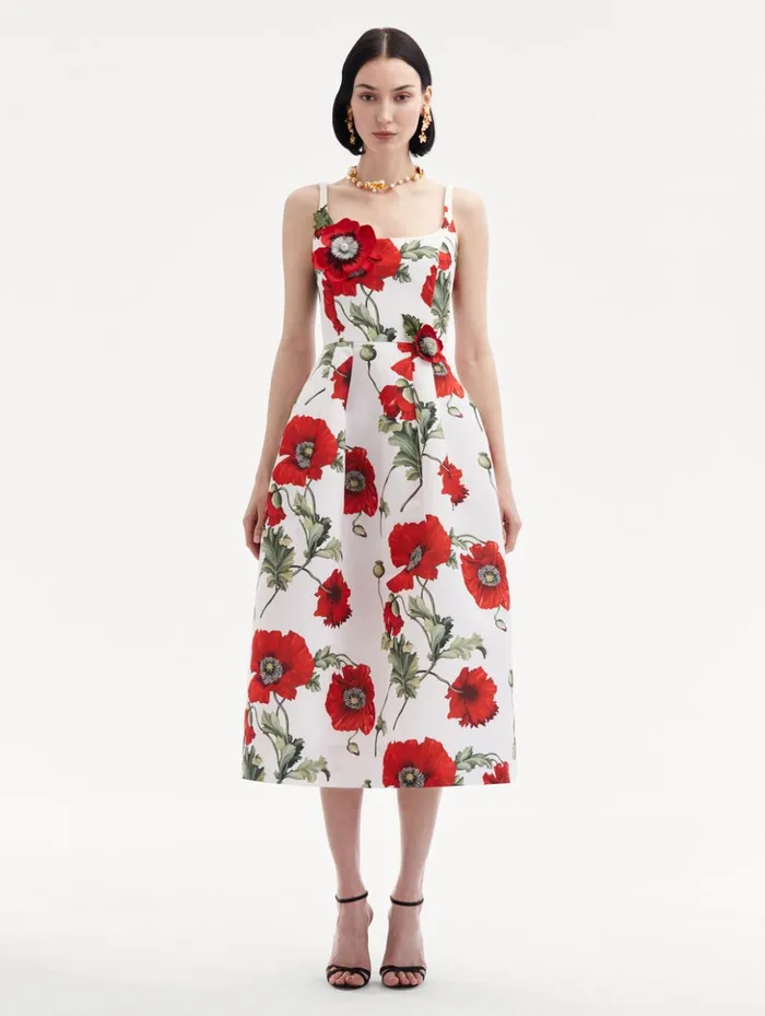 Women Dresses Oscar De La Renta Poppy Embroidered Scoop Neck Dress White Red