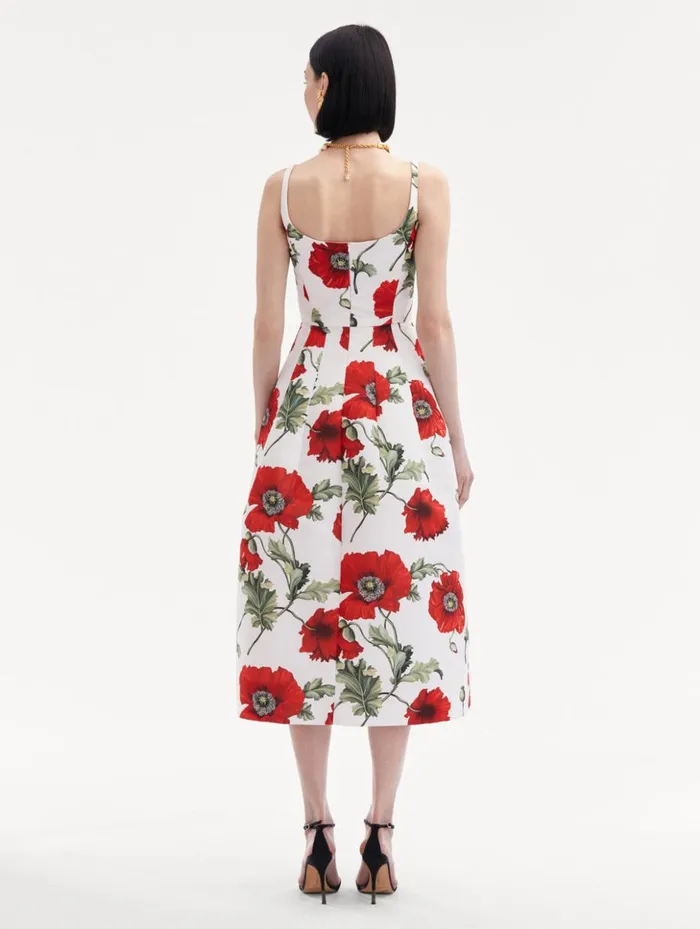 Women Dresses Oscar De La Renta Poppy Embroidered Scoop Neck Dress White Red