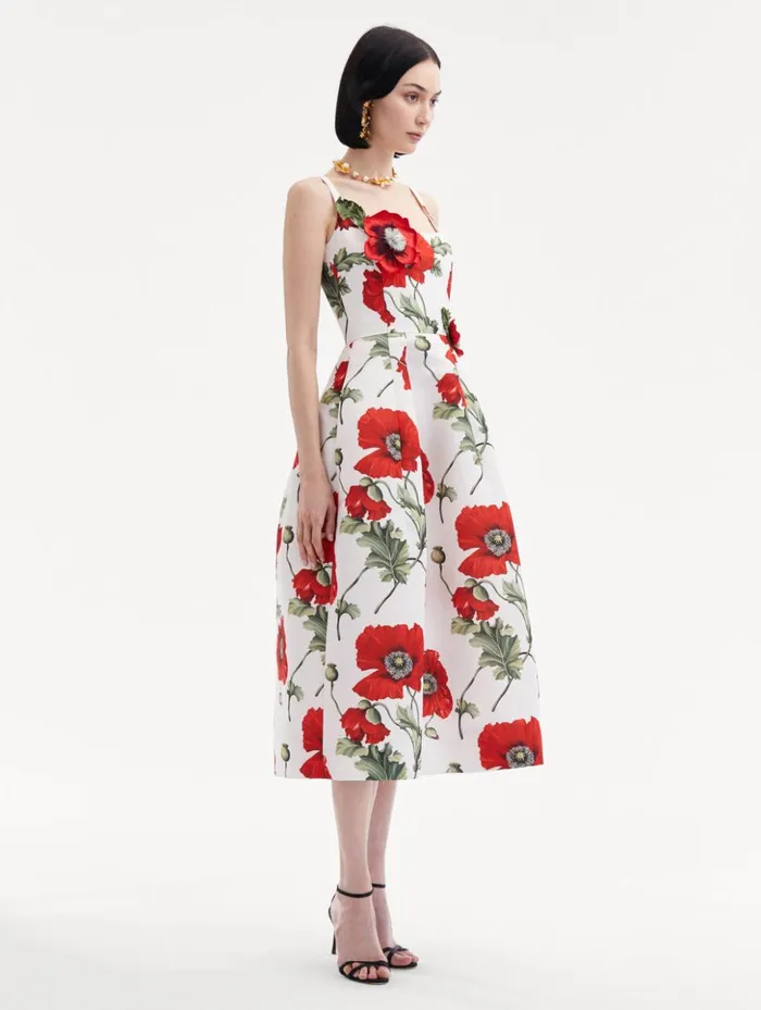 Women Dresses Oscar De La Renta Poppy Embroidered Scoop Neck Dress White Red