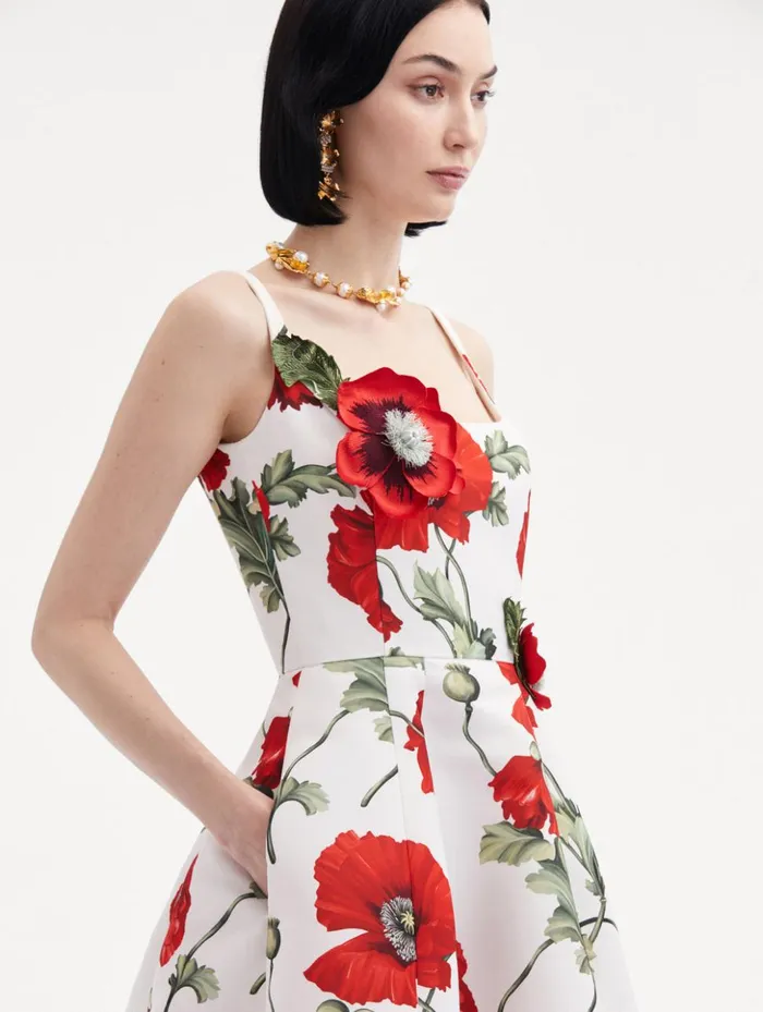Women Dresses Oscar De La Renta Poppy Embroidered Scoop Neck Dress White Red