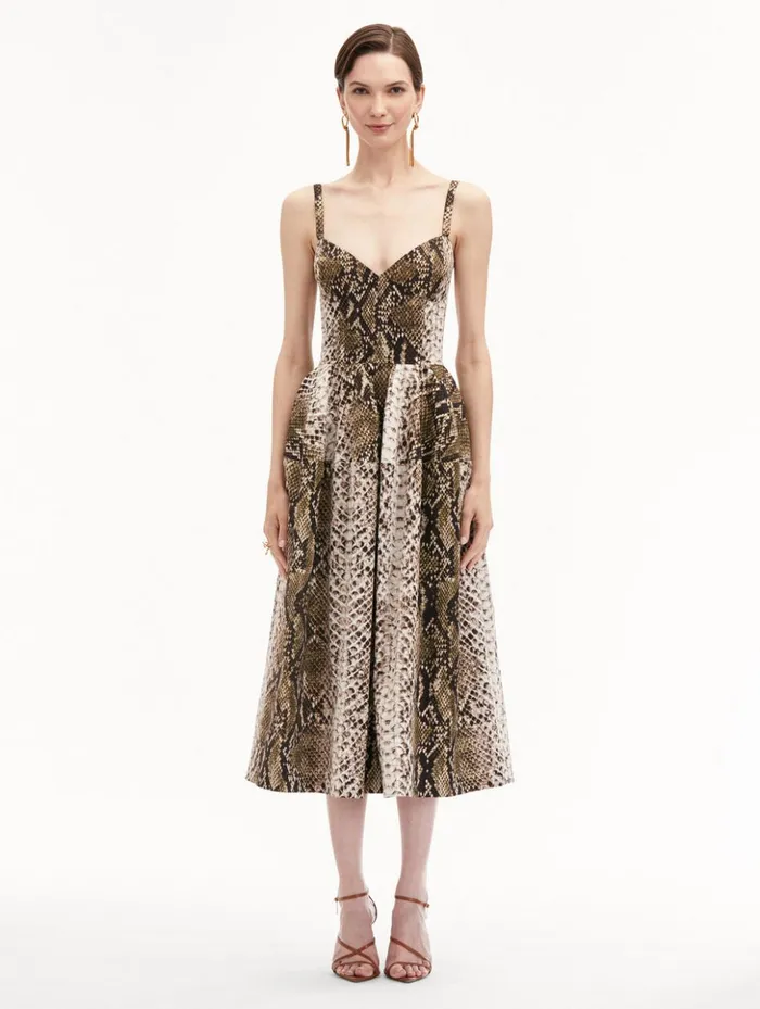 Women Dresses Oscar De La Renta Snake Cotton Poplin Dress Olive