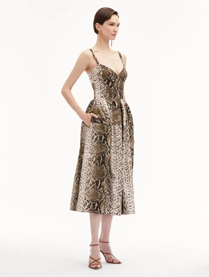 Women Dresses Oscar De La Renta Snake Cotton Poplin Dress Olive
