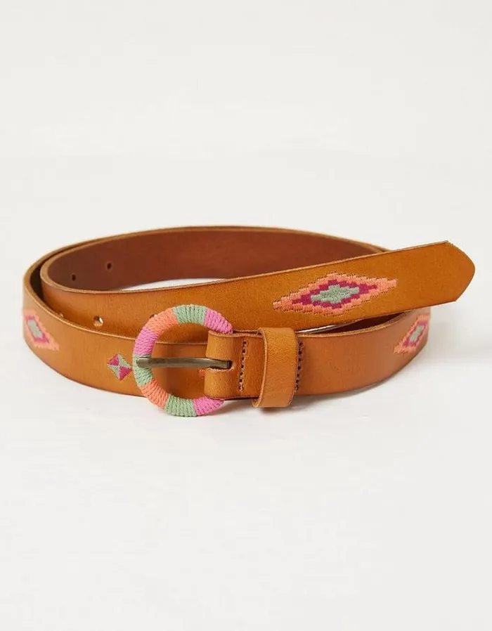 Women FatFace Belts Embroidered Jean Leather Belt Tan