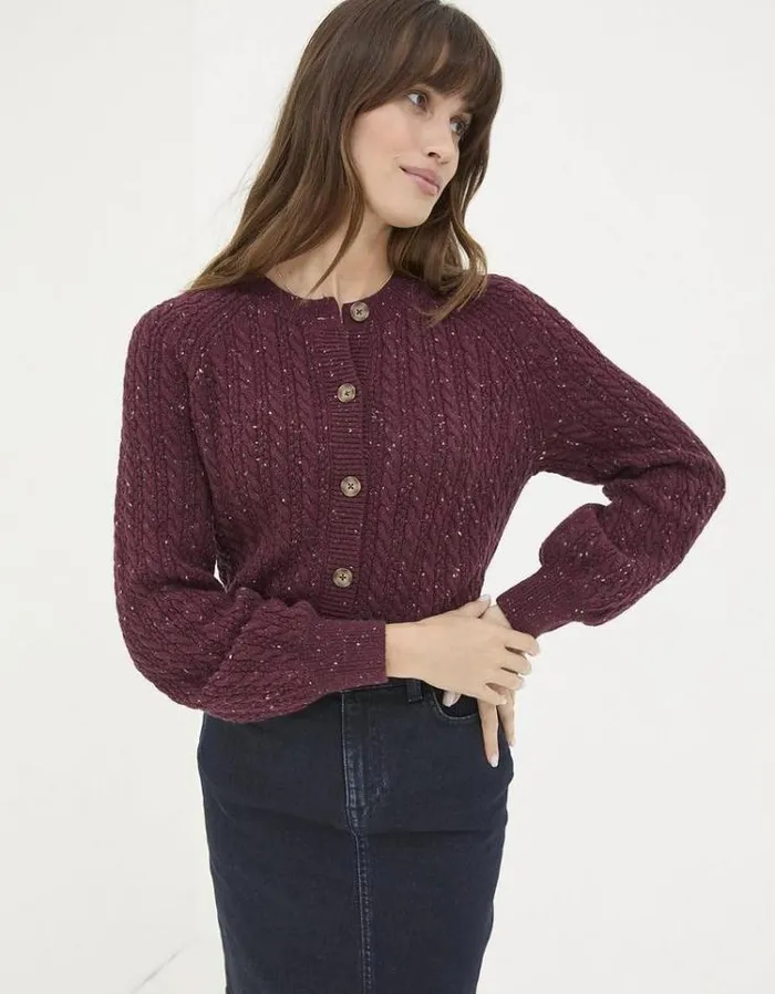Women FatFace Sweaters and Cardigans Chloe Cable Knit Cardigan Dark Red