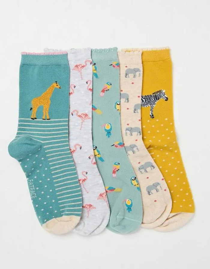 Women FatFace Underwear Socks and Tights 5 Pack Jungle Animal Socks Multi