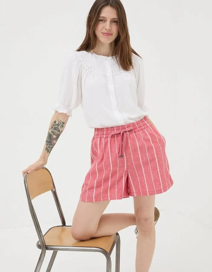 Women FatFace Vacation Shop Tenby Linen Blend Stripe Shorts Raspberry Red