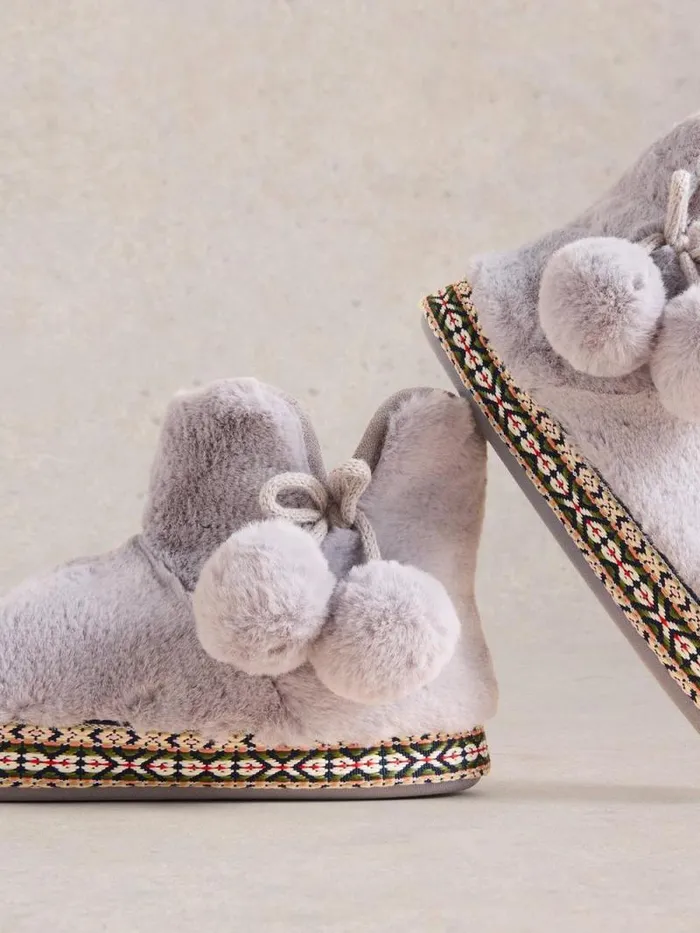 Women Faux Fur Slipper Bootie Mid Grey White Stuff Nightwear Women Faux Fur Slipper Bootie Mid Grey White Stuff Nightwear