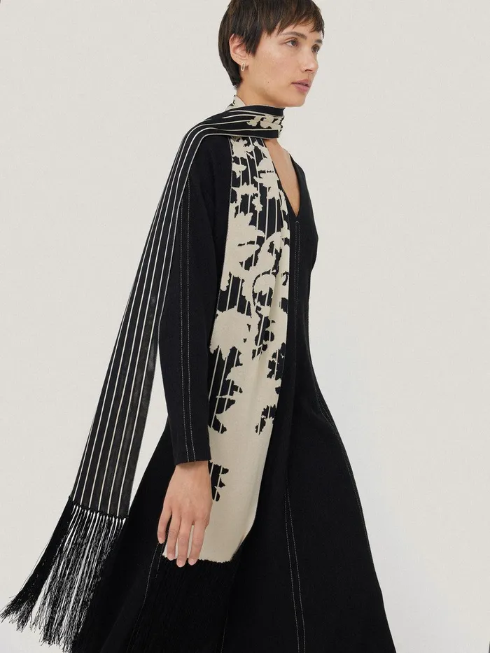 Women Floral Pinstripe Fringed Scarf Monochrome Jigsaw Coords