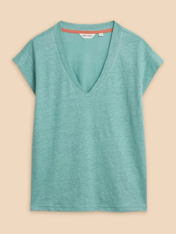 Women IVY V NECK LINEN TEE Mid Teal White Stuff Tops and Tees Women IVY V NECK LINEN TEE Mid Teal White Stuff Tops and Tees
