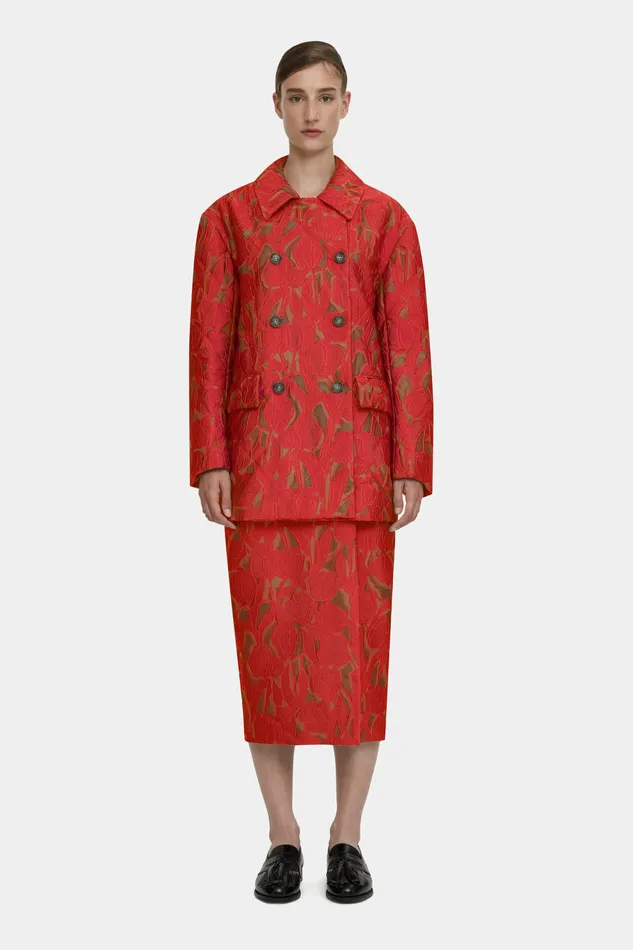 Women Jackets And Coats Emilia Wickstead Sophica Red on Beige Embellished Wool Jacket