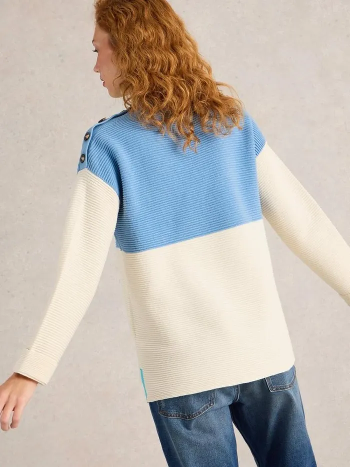 Women JANA BUTTON HIGH NECK JUMPER Blue Multi White Stuff Knitwear Women JANA BUTTON HIGH NECK JUMPER Blue Multi White Stuff Knitwear